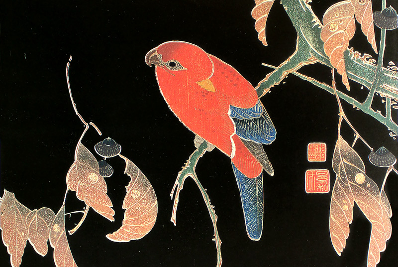 花鳥版画(六枚)　二.櫟に鸚哥図