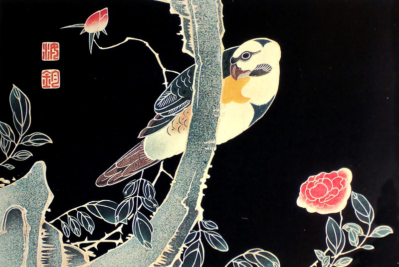 花鳥版画(六枚)　三.薔薇に鸚哥図