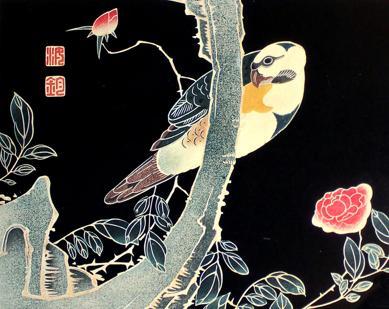 花鳥版画(六枚)　三.薔薇に鸚哥図